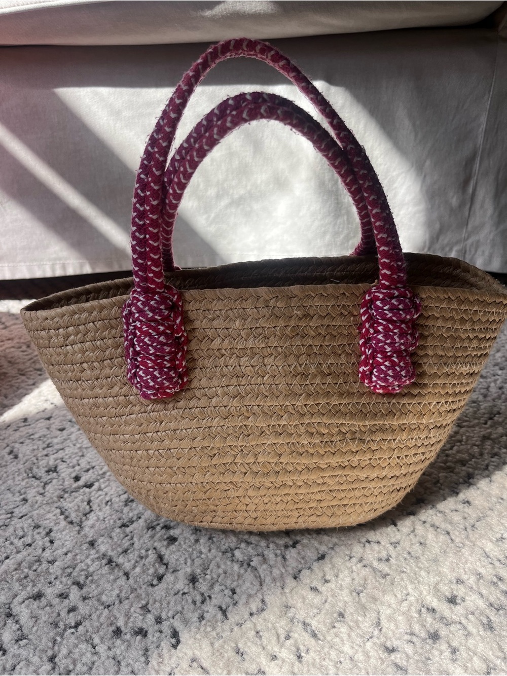 Woven Straw Tote with Pink Braided Handles